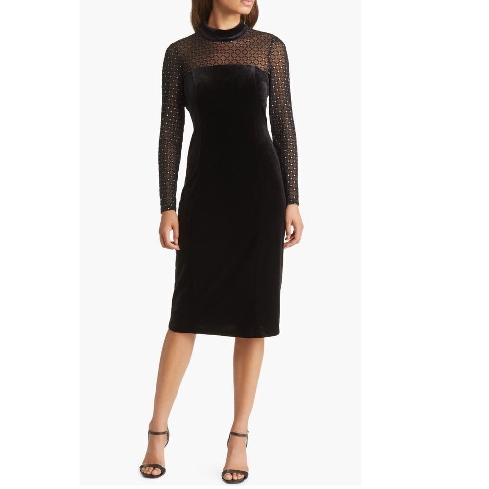 Eliza J Beaded Yoke Mixed Media Long Sleeve Sheath Dress, Black,‎ Size 14, NWT